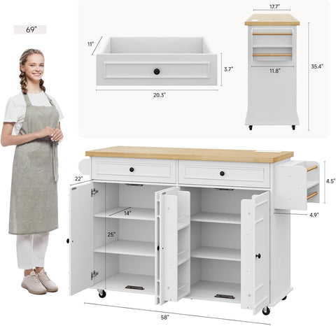 58" Farmhouse Mobile Kitchen Island with Storage