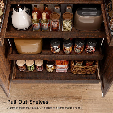 ONBRILL 71" Kitchen Pantry Cabinet, 3 Pull-Out Shelves & 2 Drawers, Brown Tall Farmhouse Pantry Storage Cabinet with 6 Door Shelf & Adjustable Shelf, Freestanding Cupboard for Kitchen, Dining Room