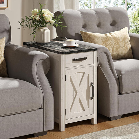 ONBRILL Farmhouse End Table with Charging Station,Rustic White Narrow Side Table,Rustic Sofa Side Table with Storage Tray,23.5"Small Wood Nightstand with Drawer and Storage for Living Room