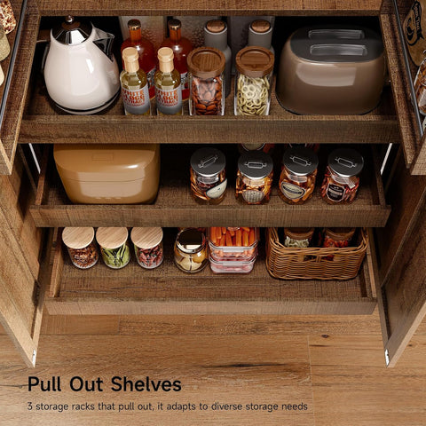 ONBRILL 71" Kitchen Pantry Cabinet 3 Pull-Out Shelf & 2 Drawer Rustic Brown Tall Farmhouse Pantry Storage Cabinet with 6 Door Shelf & Adjustable Shelf, Freestanding Cupboard for Kitchen, Dining Room