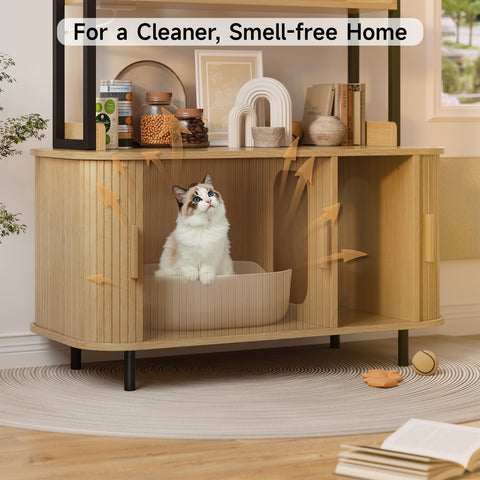 ONBRILL 54 Inch Hidden Litter Box Furniture with Shelves and Outlets,Fluted Cat Litter Box Enclosure, Mid-Century Modern Wooden Cat House with Sliding Tambour Door and Hooks