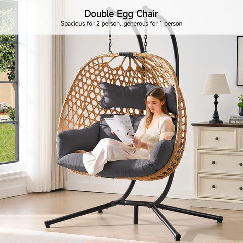 ONBRILL Double Hanging Egg Chair with Stand, Bohemian Knot Style Hammock Swing Chair, Foldable Basket & Denser Weaves, 650 Lbs Capacity Loveseat with UV Resistant Cushion for Patio, Backyard