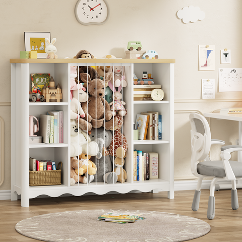 Wooden Stuffed Animal Storage, 6 Cube Toy Storage Organizer w/Wave Design, Plush Toy Organizers and Storage w/Elastic Band Thick Board, Kids Bookshelf for Kids Room Nursery Playroom