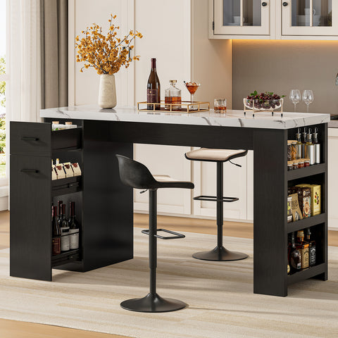 Bar Table, 59-Inch Modern Counter Height Pub Table w/Pull-Basket Drawer, 3-Tier Shelves, Kitchen Island Table w/1.5" Thick Marble Tabletop, Home Coffee Bar Unit for Dining Living Room Balcony Bistro