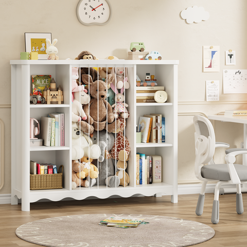 Wooden Stuffed Animal Storage, 6 Cube Toy Storage Organizer w/Wave Design, Plush Toy Organizers and Storage w/Elastic Band Thick Board, Kids Bookshelf for Kids Room Nursery Playroom