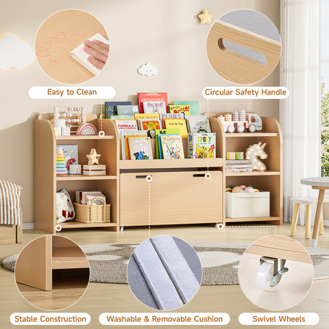 ONBRILL Kids Bookshelf with Reading Nook, 64.5" Toy Storage Organizer with Movable Bench with 3 Storage, Kids Bookcase with 3-Tier Bookshelf, 6 Storage Cubbies, Toy Box & Chest for Bedroom, Playroom