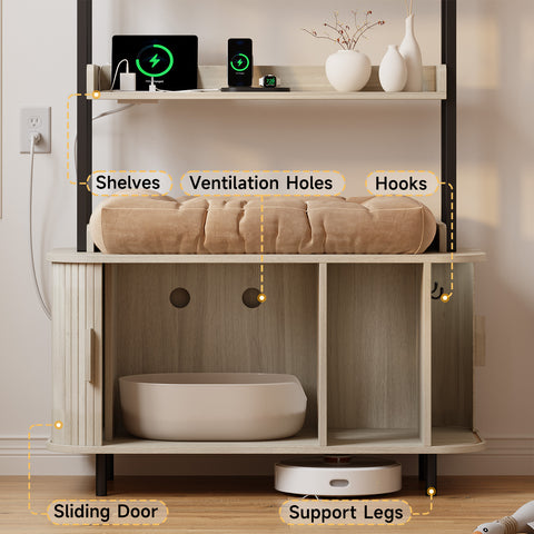 ONBRILL 54 Inch Hidden Litter Box Furniture with Shelves and Outlets,Fluted Cat Litter Box Enclosure, Mid-Century Modern Wooden Cat House with Sliding Tambour Door and Hooks
