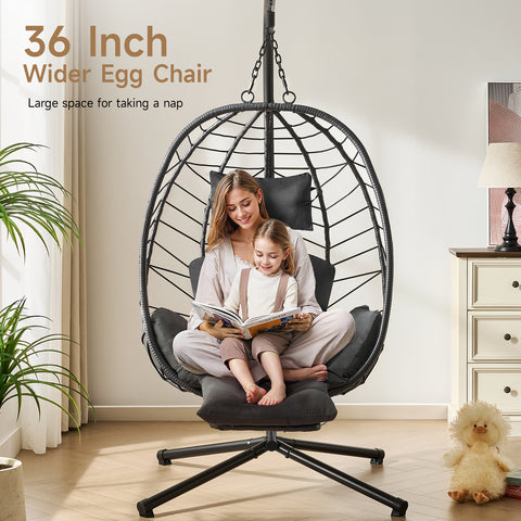 ONBRILL Hanging Egg Chair with Adjustable Footrest & Stand, Wicker Rattan Swing Hammock Chair with Cushion & Double Chains, 350LBS Capacity for Outdoor & Indoor Patio, Deck, Bedroom, Balcony