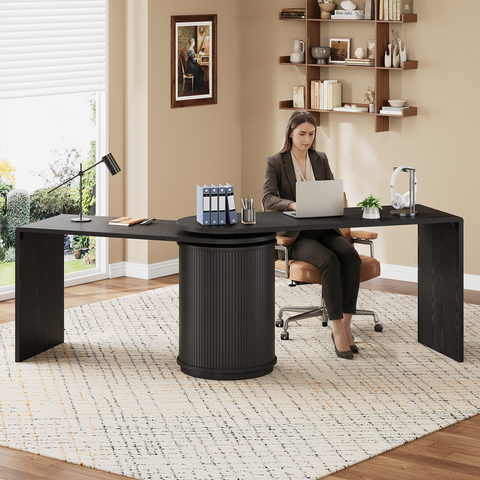 ONBRILL 60 Inch Fluted Computer Desk with Power Outlets,360° Rotating L Shaped Desks with Storge, Swivel Corner Table for Home Office,Workstation,Study Room,Black