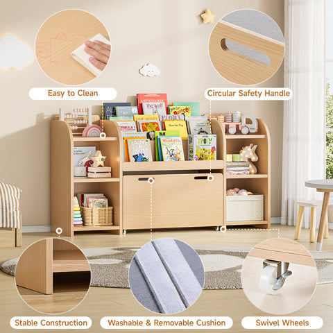 ONBRILL Kids Bookshelf with Reading Nook, 55.2" Toy Storage Organizer, 6 Storage Cubbies, Kids Bookcase with 3-Tier Bookshelf