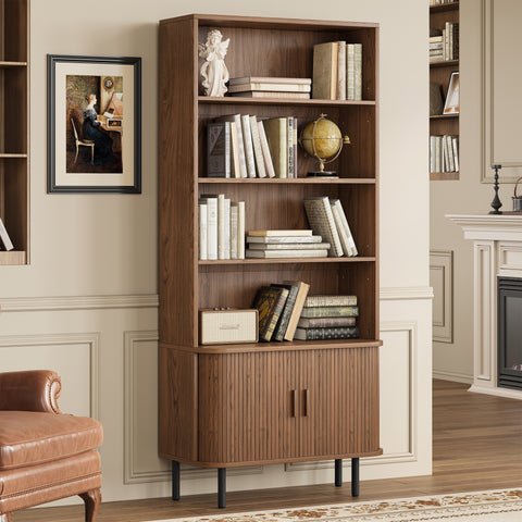 ONBRILL Tall Bookshelf with Sliding Door and Storage Cabinet