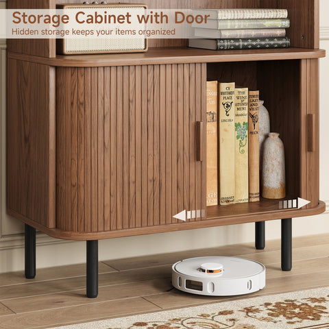 ONBRILL Tall Bookshelf with Sliding Door and Storage Cabinet