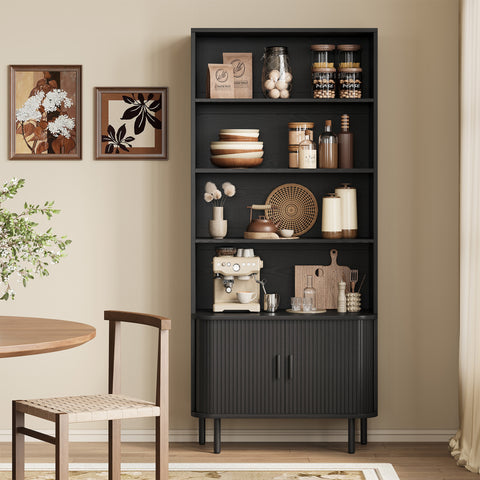 ONBRILL Tall Bookshelf with Sliding Door and Storage Cabinet