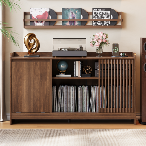 ONBRILL Record Player Stand with Flip-Out Storage Cabinet