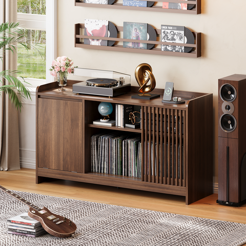 ONBRILL Record Player Stand with Flip-Out Storage Cabinet