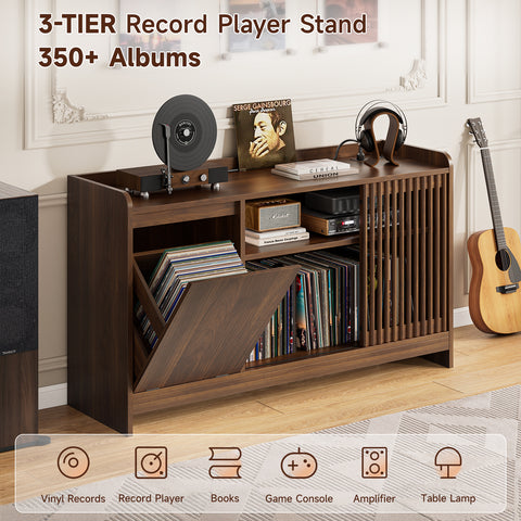 ONBRILL Record Player Stand with Flip-Out Storage Cabinet