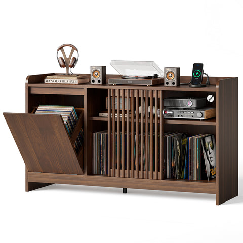 ONBRILL Record Player Stand with Flip-Out Storage Cabinet