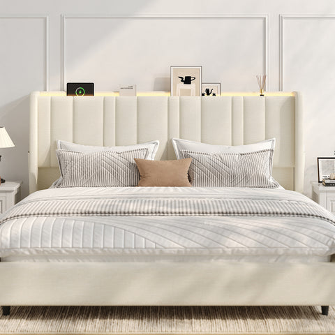 ONBRILL Modern Wingback Headboard Queen Size with Storage, LED Light
