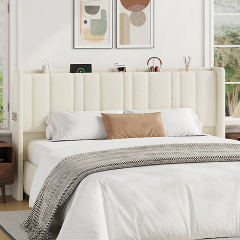 ONBRILL Modern Wingback Headboard Queen Size with Storage, LED Light
