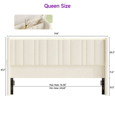 ONBRILL Modern Wingback Headboard Queen Size with Storage, LED Light