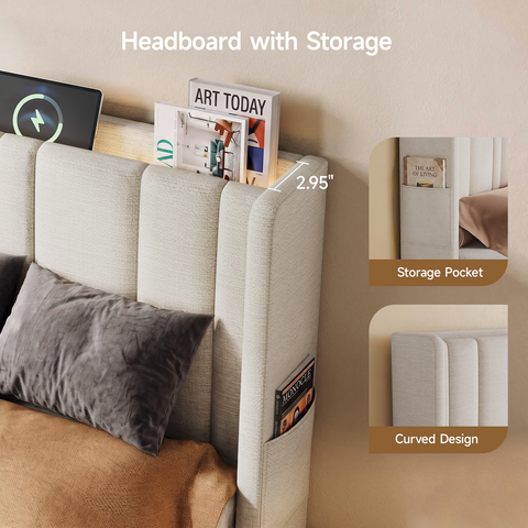 ONBRILL Modern Wingback Headboard Queen Size with Storage, LED Light