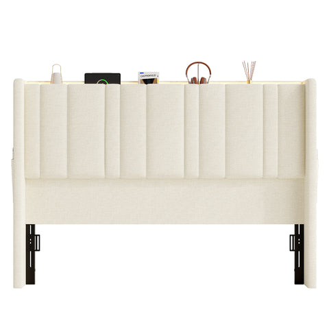 ONBRILL Modern Wingback Headboard Queen Size with Storage, LED Light
