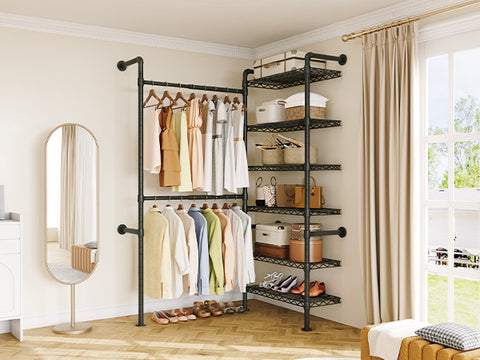 ONBRILL H SERIES-H2 Wall Mounted Expandable Industrial Pipe Clothing Rack with Storage