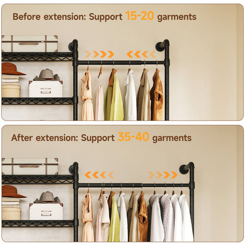 ONBRILL H SERIES-H2 Wall Mounted Expandable Industrial Pipe Clothing Rack with Storage