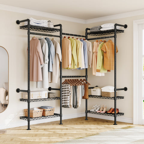 ONBRILL H SERIES-H3 Wall Mounted Expandable Industrial Pipe Clothing Rack with Storage