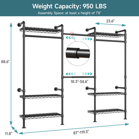 ONBRILL H SERIES-H3 Wall Mounted Expandable Industrial Pipe Clothing Rack with Storage
