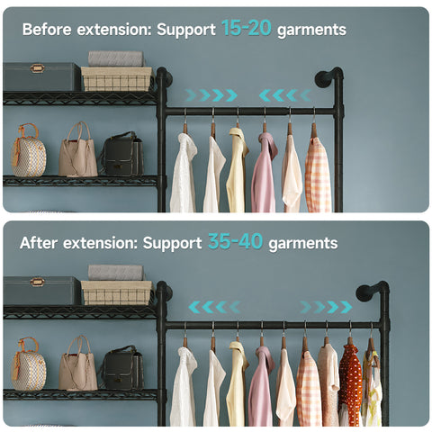 ONBRILL H SERIES-H3 Wall Mounted Expandable Industrial Pipe Clothing Rack with Storage