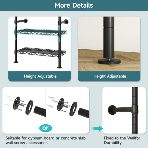 ONBRILL H SERIES-H3 Wall Mounted Expandable Industrial Pipe Clothing Rack with Storage