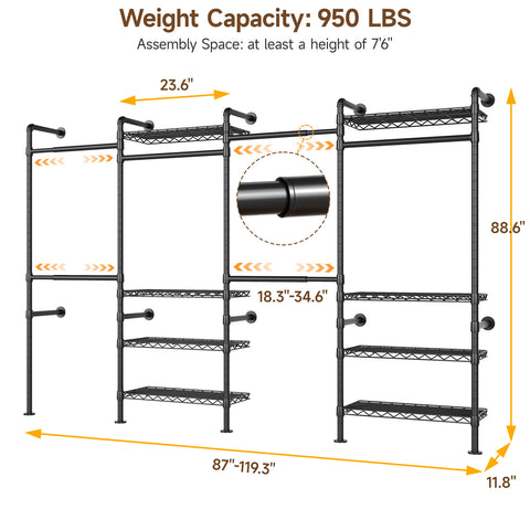 ONBRILL H SERIES-H4  Wall Mounted Expandable Industrial Pipe Clothing Rack with Storage