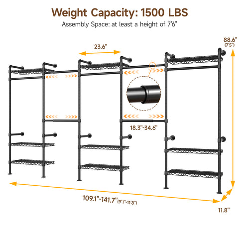 ONBRILL H SERIES-H5 Wall Mounted Expandable Industrial Pipe Clothing Rack with Storage
