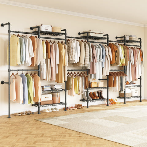 ONBRILL H SERIES-H6 Wall Mounted Expandable Industrial Pipe Clothing Rack with Storage