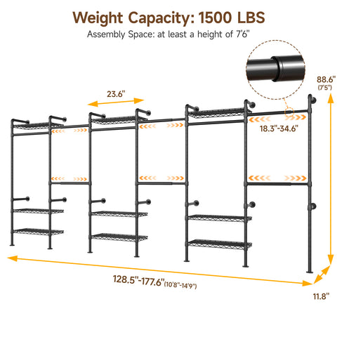 ONBRILL H SERIES-H6 Wall Mounted Expandable Industrial Pipe Clothing Rack with Storage