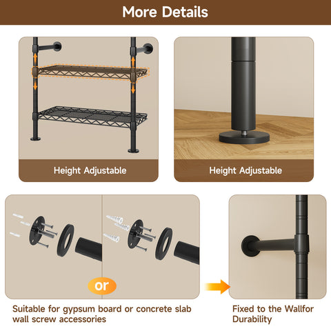 ONBRILL H SERIES-H6 Wall Mounted Expandable Industrial Pipe Clothing Rack with Storage