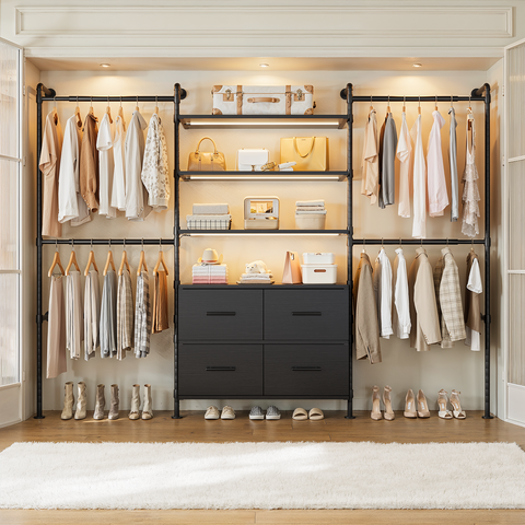 ONBRILL T SERIES-T4  Wall Mounted Stepless Dimmable LED Light Expandable  Clothing Rack with 4 Large Drawers, 6 Wooden Shelves & 4 Telescopic Rods