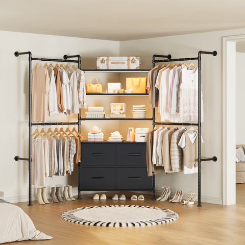 ONBRILL T SERIES-T4  Wall Mounted Stepless Dimmable LED Light Expandable  Clothing Rack with 4 Large Drawers, 6 Wooden Shelves & 4 Telescopic Rods