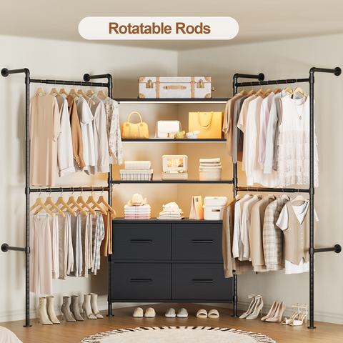 ONBRILL T SERIES-T4  Wall Mounted Stepless Dimmable LED Light Expandable  Clothing Rack with 4 Large Drawers, 6 Wooden Shelves & 4 Telescopic Rods