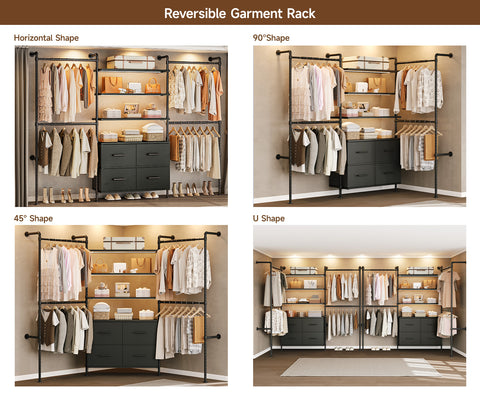 ONBRILL T SERIES-T4  Wall Mounted Stepless Dimmable LED Light Expandable  Clothing Rack with 4 Large Drawers, 6 Wooden Shelves & 4 Telescopic Rods