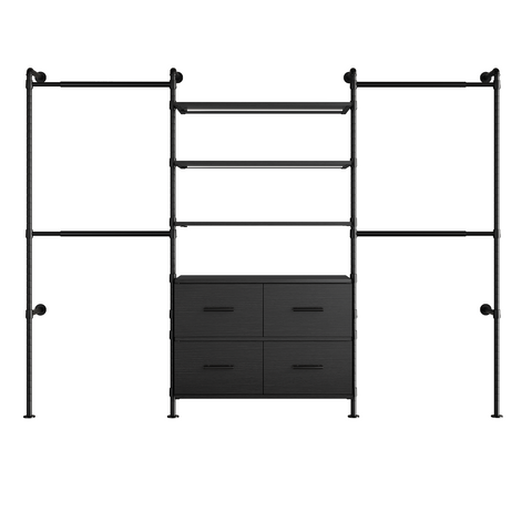 ONBRILL T SERIES-T4  Wall Mounted Stepless Dimmable LED Light Expandable  Clothing Rack with 4 Large Drawers, 6 Wooden Shelves & 4 Telescopic Rods