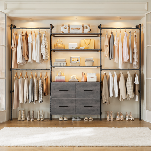 ONBRILL T SERIES-T4  Wall Mounted Stepless Dimmable LED Light Expandable  Clothing Rack with 4 Large Drawers, 6 Wooden Shelves & 4 Telescopic Rods