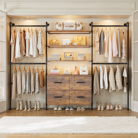 ONBRILL T SERIES-T4  Wall Mounted Stepless Dimmable LED Light Expandable  Clothing Rack with 4 Large Drawers, 6 Wooden Shelves & 4 Telescopic Rods