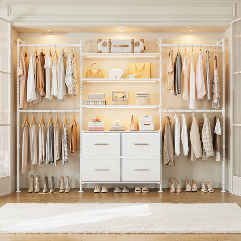 ONBRILL T SERIES-T4  Wall Mounted Stepless Dimmable LED Light Expandable  Clothing Rack with 4 Large Drawers, 6 Wooden Shelves & 4 Telescopic Rods