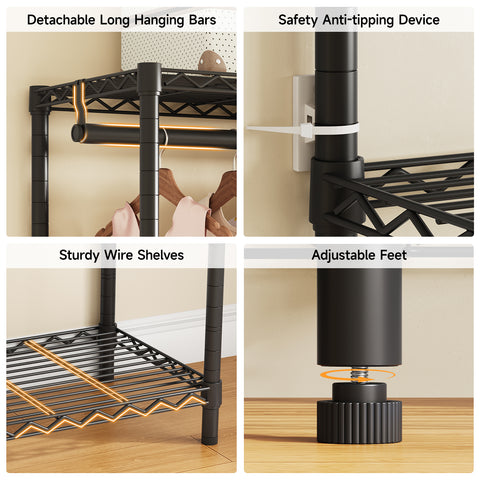 ONBRILL F SERIES-F5  Expandable Heavy Duty Freestanding Metal Modular Clothing Rack with Storage & Adjustable Shelves