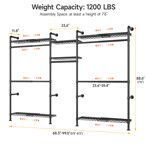 ONBRILL H SERIES-H3Plus Wall Mounted  Expandable Industrial Pipe Wall Mounted Clothing Rack with Storage