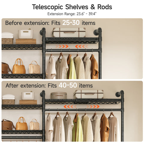 ONBRILL H SERIES-H3Plus Wall Mounted  Expandable Industrial Pipe Wall Mounted Clothing Rack with Storage