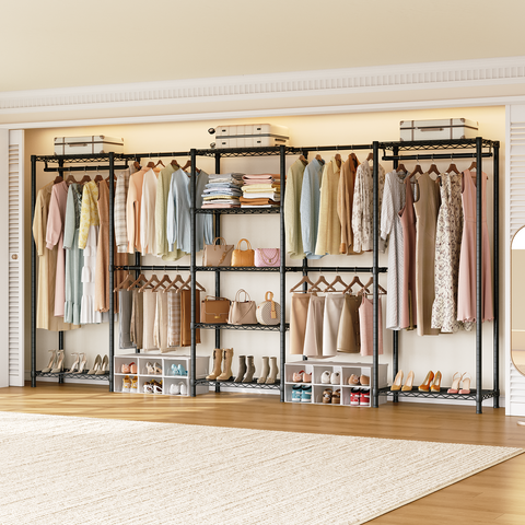 ONBRILL E SERIES-E5 Plus Expandable Heavy Duty Freestanding Metal Modular Clothing Rack with 9 Wire Shelves & 6 Hanging Rods