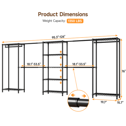 ONBRILL E SERIES-E5 Plus Expandable Heavy Duty Freestanding Metal Modular Clothing Rack with 9 Wire Shelves & 6 Hanging Rods